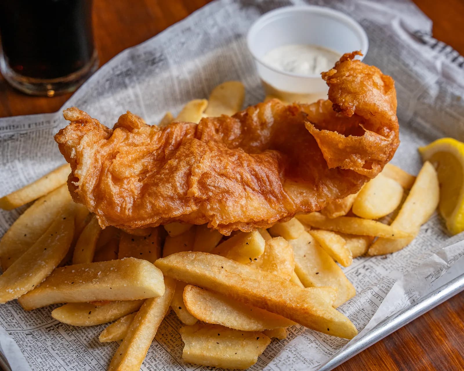 Beer-battered cod, hand-cut chips and tartar sauce.