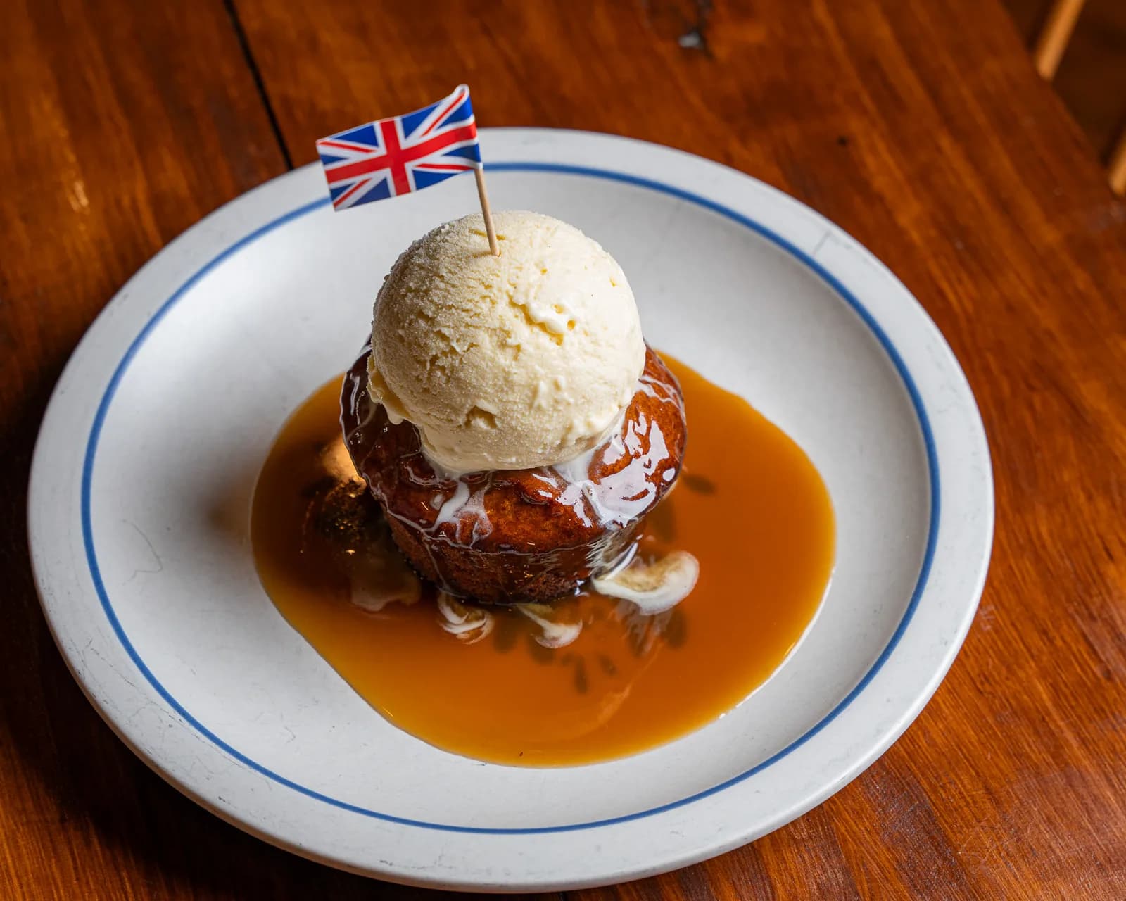 Sticky toffee pudding with vanilla ice cream.